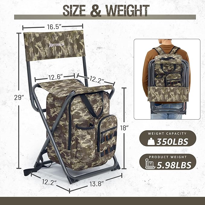 X Strike Fishing Chair with Cooler and Backrest, Folding Backpack Chair for Adults up to 350 lbs, Fishing Stools Portable for Outdoor, Camping, Hiking