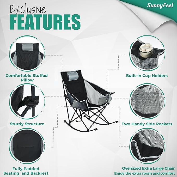 SUNNYFEEL Oversized Rocking Camping Chair, Fully Padded Patio Chair with Side Pocket, High Back Portable Lawn Recliner with Headrest, Outdoor Camp Rocker Chairs for Adults Heavy Duty 500 LBS Carry Bag
