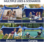 Gardentime Beach Tent Canopy with 8 Sandbags 4 Aluminum Poles, Pop Up Portable Camping Sun Shelter, Easy Set Up with 2 Sand Shovel, Ground Pegs, Carrying Bag for Outdoor Beach,Picnic, Fishing