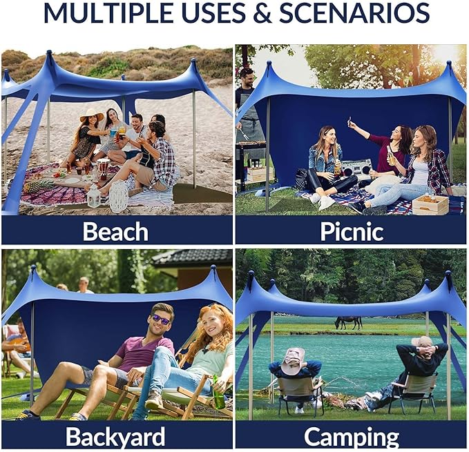 Gardentime Beach Tent Canopy with 8 Sandbags 4 Aluminum Poles, Pop Up Portable Camping Sun Shelter, Easy Set Up with 2 Sand Shovel, Ground Pegs, Carrying Bag for Outdoor Beach,Picnic, Fishing