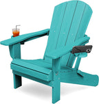 KINGYES Folding Adirondack Chair with Dual Cup Holders - HDPE All-Weather Outdoor Chairs, Wood-Like Patio Chair for Backyard, Camping, Pool & Fire Pit, Aruba