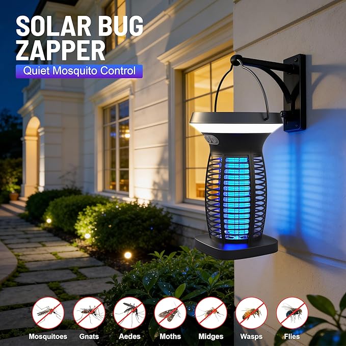Solar Bug Zapper Outdoor, Rechargeable & Solar Powered, 4200V High Voltage for Effective Mosquito & Multi-Insect, Pet/Child Safe with UV Light, Waterproof for Camping Indoor Outdoor