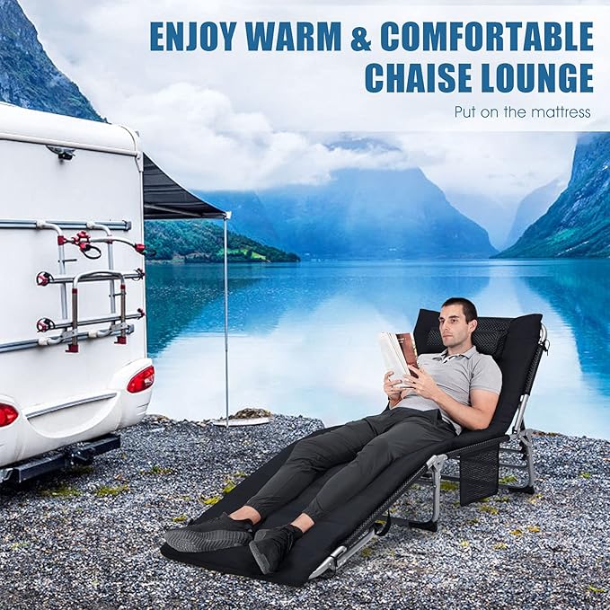 Giantex 2-in-1 Patio Chaise Lounge Chair with Detachable Mattress & Pillow, 4 Adjustable Position, Side Pocket, 330 Lbs Camping Cot, Folding Tanning Chair for Outside, Sunbathing, Pool, Lawn, Beach