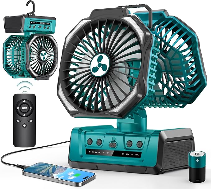 Dual Head Portable Rechargeable Fan 20000mAh Battery Powered Fan Camping Cordless with 360° Air Delivery, LED Lantern & Remote, Auto Oscillation, Battery Operated for Tent Office Travel Picnic Jobsite