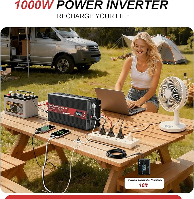 1000W Power Inverter 12V to 110V 120V AC Pure Sine Wave Inverter for RV Truck Camping,Outdoor Off-Grid Power Converter with LCD Display,Wired Controller,AC Outlets USB Ports (12V-1000Watt)