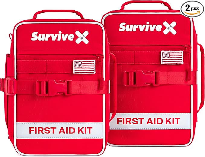 Large First Aid Kit for Car, Travel & Home - Emergency Kit for Hiking, Camping, Backpacking and Outdoors - Includes Zip Stitch Wound Closure Strips (Pack of 2)