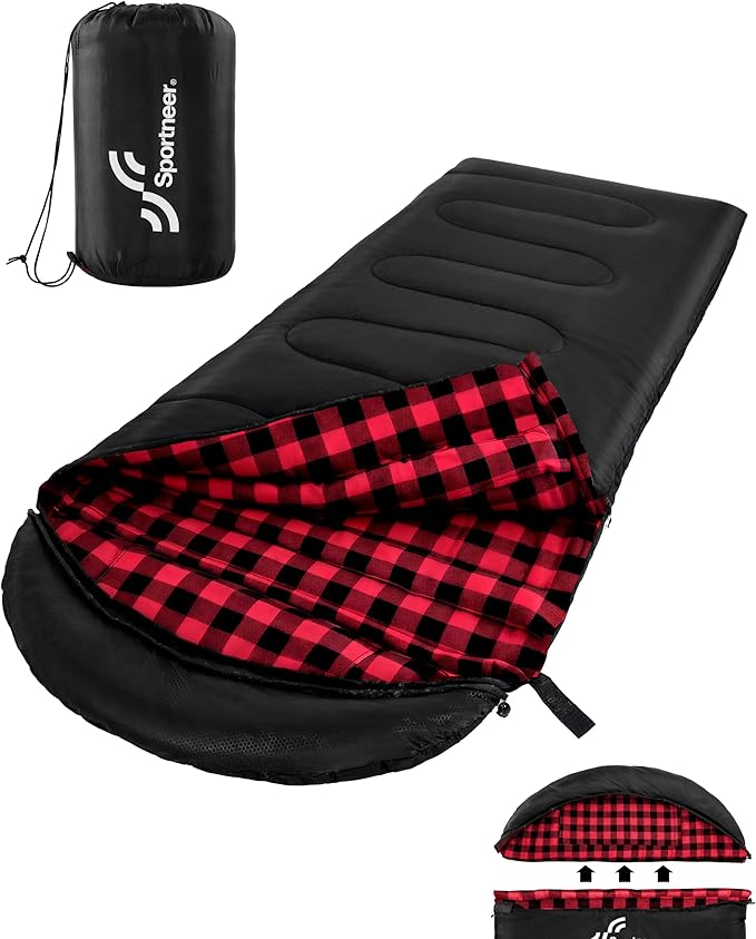 Sportneer Sleeping Bags for Adults, 0 Degree Sleeping Bag XL Flannel Winter Cold Weather Sleeping Bag with Detachable Hood Compression Sack for Camping, Backpacking, Hiking