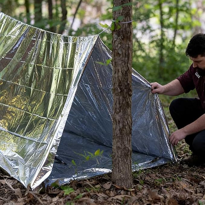 2 Person Mylar Emergency Shelter Tube Tent + Paracord • All-Weather Protection for Camping, Hiking, & Survival Kits Sliver