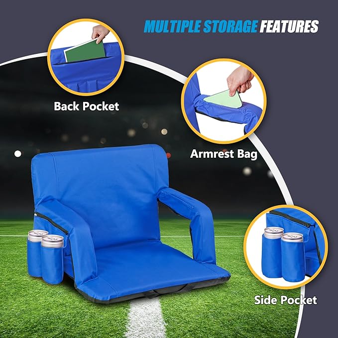 Wide Stadium Seat for Bleachers with Back Support -2 Pack Reclining Adults Camping Stadium Chair Extra Thick Cushion Bleacher Seats Waterproof Black