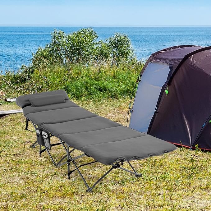 Goplus Camping Cot, Folding Camping Cot with Mattress, Pillow, Carry Bag, Storage Pocket, Camping Bed Military Cot for Home Office Nap Hiking, Heavy-Duty Portable Sleeping Cot for Adults Kids (Grey)