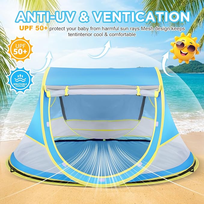 Baby Beach Tent, Pop Up Beach Tent Sun Shade for Beach, UPF 50+ UV Protection Sun Shelters for Infants with Carry Bag for Outdoor Travel, Camping(Blue)