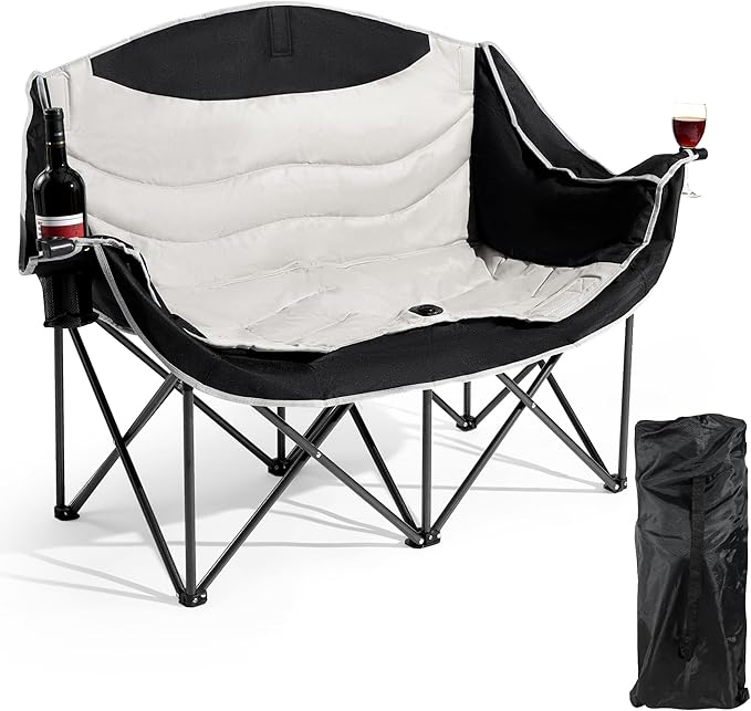 Double Camping Chairs,Oversized Foldable Camping Chairs with Cup Holders Heavy Duty Loveseat Couch for Adults Suitable for Indoor Outdoor Beach Support 600 lbs（Black/White）