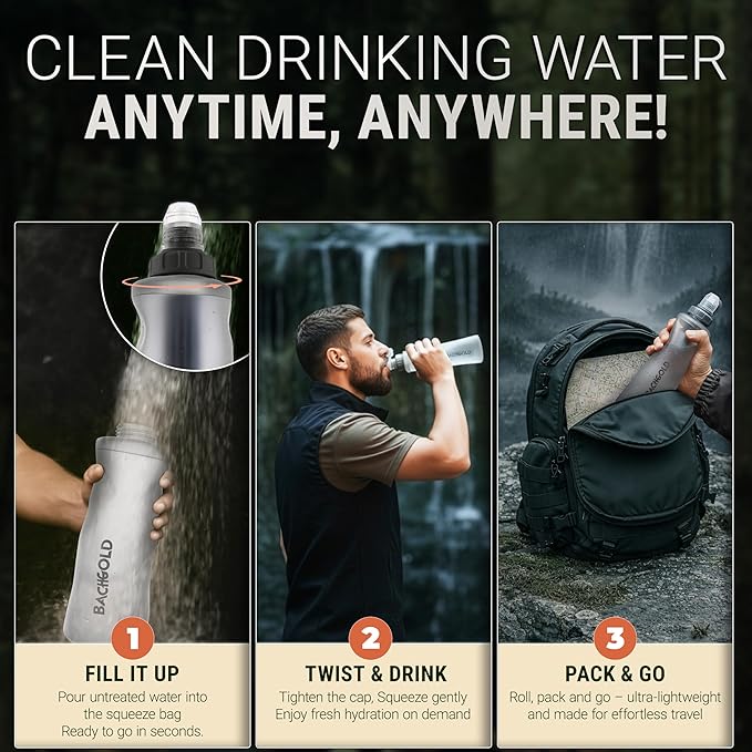 Water Filter Camping – Bachgold Foldable Squeeze Portable Water Filter for Hiking, Backpacking & Emergency Use | Ultralight Outdoor Filtration Bottle, Swiss Design