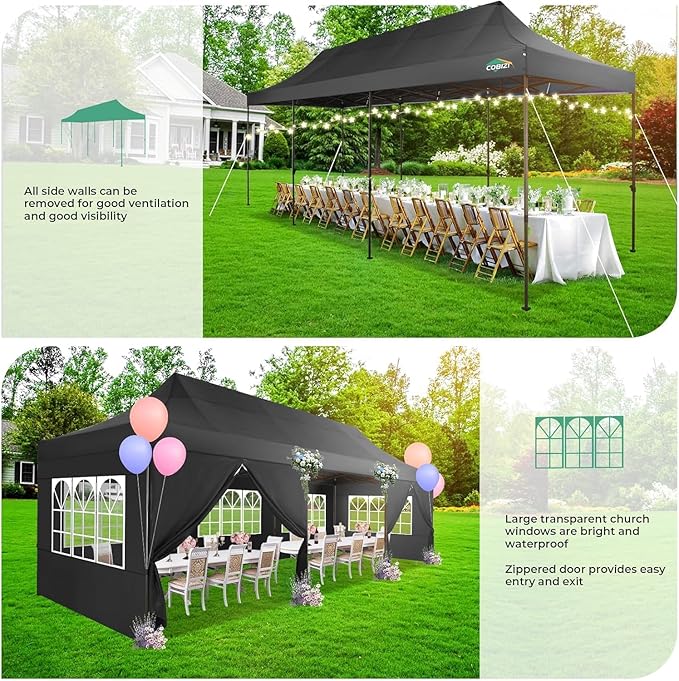 COBIZI 10x30 Heavy Duty pop up Canopy, Commercial10x30 Party Tent for Parties Waterproof Gazebos with 8 Sidewalls, All Season Wind & Waterproof UPF50+,Stable Thickened Frame, Black