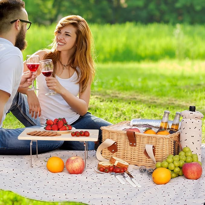 HappyPicnic Picnic Basket for 2, Handmade Wicker Picnic Set with Folding Table and Waterproof Blanket, Large Insulated Picnic Basket with Wine Bag & Cutlery Kit for Picnic, Camping, Holidays (Cherry)