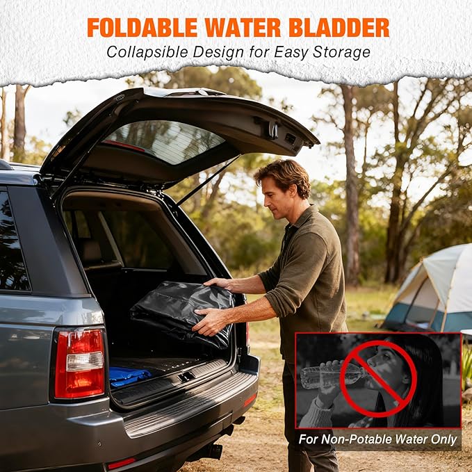 Yesker Portable Water Storage Bladder 30 Gallon – Heavy-Duty 1000D PVC Foldable Water Bladder Tank with 3/4" PVC Spigot for Garden, Camping & Car Use, Black