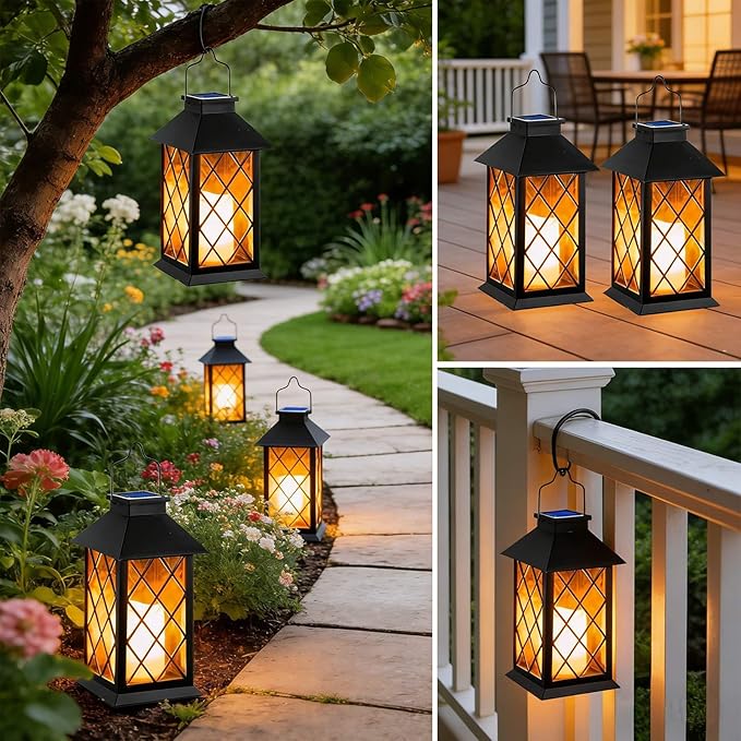 Solar Lanterns Outdoor Waterproof, 2 Pack Glass Hanging Solar Lights with Flickering Flameless Candle, Outdoor Lanterns for Patio Wall Porch Table Garden Yard Tree, Gift for Women Mom - Black