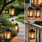 Solar Lanterns Outdoor Waterproof, 2 Pack Glass Hanging Solar Lights with Flickering Flameless Candle, Outdoor Lanterns for Patio Wall Porch Table Garden Yard Tree, Gift for Women Mom - Black