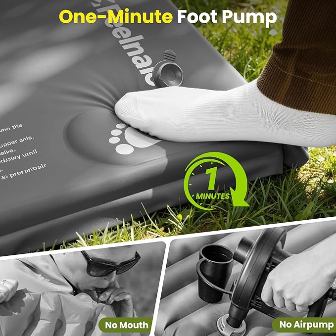 Camping Sleeping Pad, Built-in Foot Pump Inflatable Sleeping Pads, Memory Foam Mattress with Pillow, 4 Season Camping Mattress Pad, Camping Essentials Gear for Tent, Car, Hiking - Grey