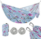 Blue Background Pink Flowers Camping Hammock Single Portable Hammocks 330 lbs Capacity with 2 Tree Straps and Attached Carry Bag,Perfect for Outdoor,Indoor,Beach,Camping,Travel