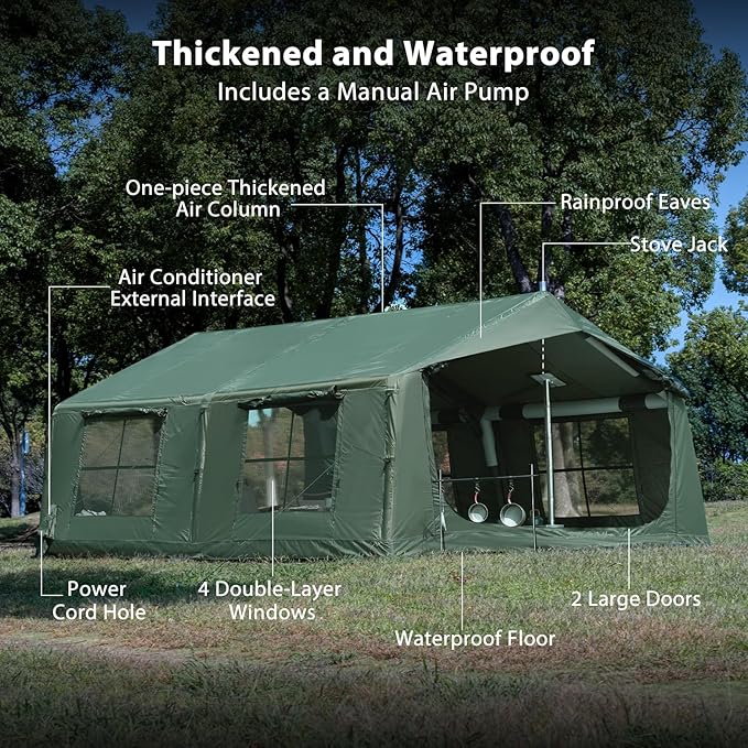 Oxford Inflatable Tent for Camping with Hand Pump, 4 Season Glamping Tents with Stove Jack for 8-12 Person, Waterproof Outdoor Party Camping Festival