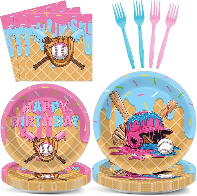 96 Pcs Ice Cream Drip Baseball Party Supplies Baseball Ice Cream Drip Party Plates and Napkins Sport Theme Tableware Dinnerware Set for Team Gift Sport Birthday Camping Baby Shower Parties Favors