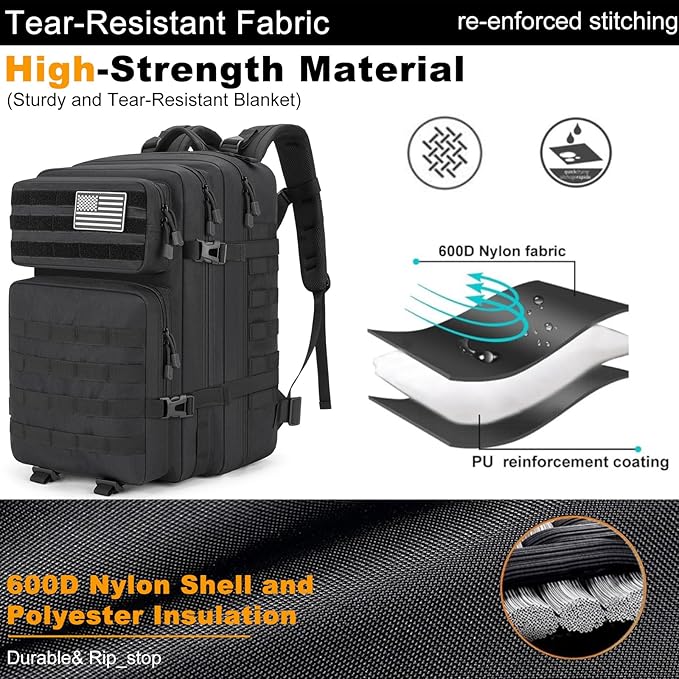 Tactical Backpack 45L Army Military Rucksack, Water Resistant MOLLE EDC Pack, Large 3 Day Bug Out Bag for Men & Women, Durable Outdoor Gear for Hiking, Camping, Hunting, Fishing,Travel (Black)