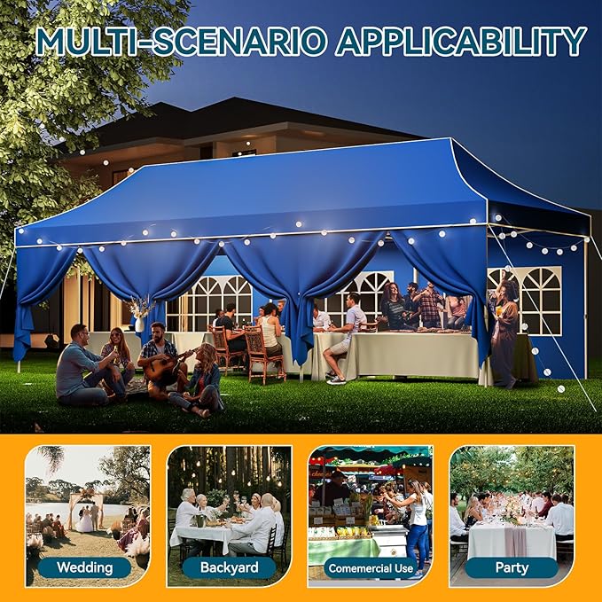 Hoteel 10x30 Pop Up Canopy Tent Heavy Duty with 8 Sidewalls, Waterproof Party Tent, Easy Set-up Commercial Instant Tents with Hand Bag, Rope & Nail, Hexagonal Leg (1-Year Warranty)