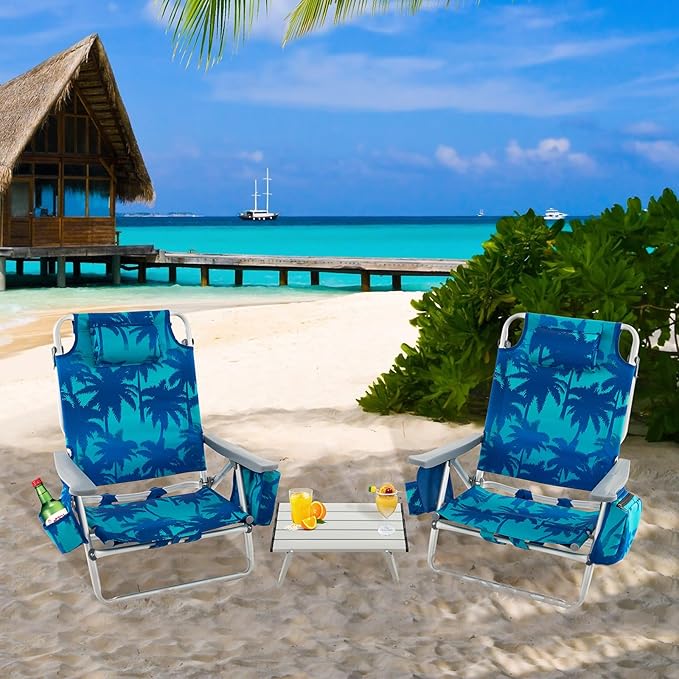 Giantex Folding Beach Chair, Patio Sling Chairs with 5 Adjustable Position, Head Pillow, Storage Bag, Towel Bar, Cup Holders, Backpack Chairs for Sunbathing, Camping Chair