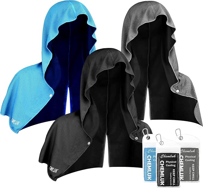 Cooling Hoodie Towel: Cooling Towels for Neck and Face Sun Protection Instant Cool for Hot Weather Hiking Camping Running Golf Gardening Fishing Music Festivals Theme Parks Beach - 3 Packs