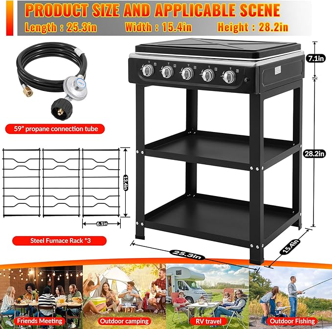 5 Burner Propane Gas Stove,400000BTU Portable Gas Stove with Support Leg Stand and Wind Blocking Cover Adapter Auto Ignition Camping Stove,propane burner for RV, Apartment, Outdoor Cooking