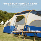 8 Person Tent for Camping, Waterproof Windproof Family Tent with Rainfly, Divided Curtain Design for Privacy Space, Portable with Carry Bag