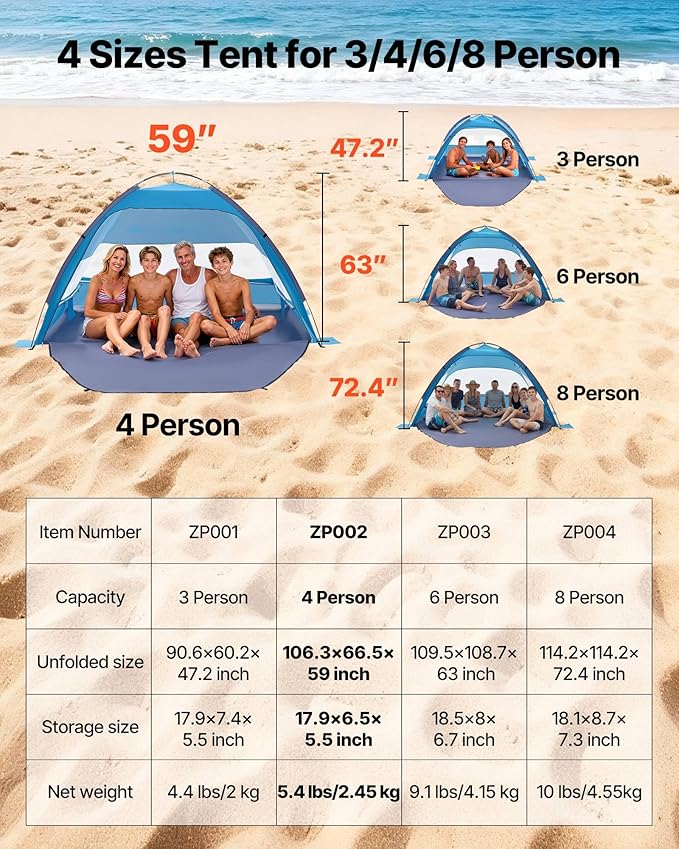 VEVOR Beach Tent Sun Shelter for 4 Person, UPF 50+ Protection, Portable Sun Shade Beach with Carrying Bag & Sand Pockets, Lightweight and Easy Setup Beach Umbrella for Camping Fishing Outdoor Picnic