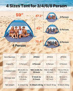 VEVOR Beach Tent Sun Shelter for 4 Person, UPF 50+ Protection, Portable Sun Shade Beach with Carrying Bag & Sand Pockets, Lightweight and Easy Setup Beach Umbrella for Camping Fishing Outdoor Picnic