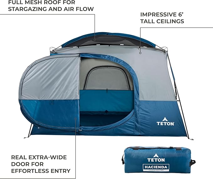 TETON Sports Hacienda 8 Person Family Camping Tent, Large Gear Loft and 4 Storage Pockets, Swinging Door Makes it Easy to Access, Full Mesh Roof, Waterproof Rainfly