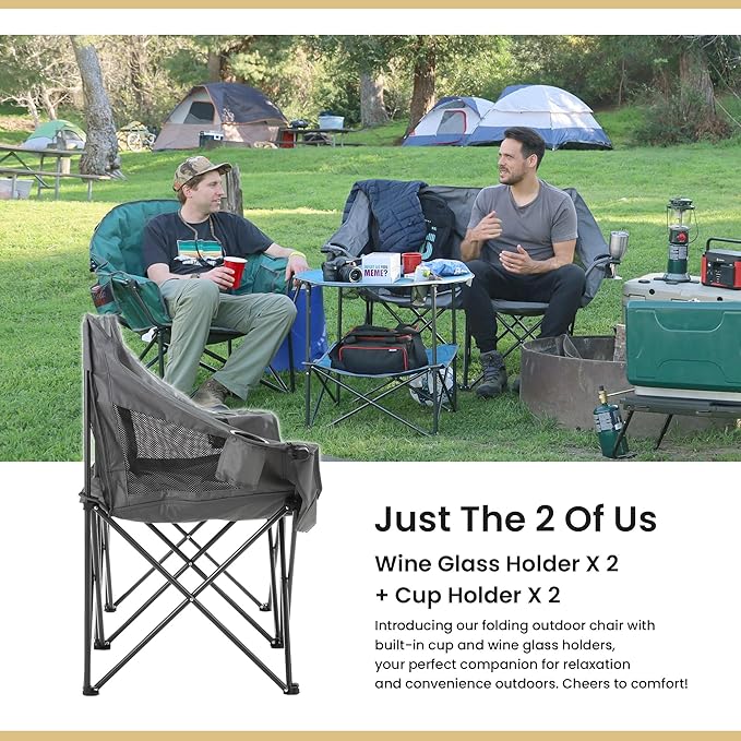 ARROWHEAD OUTDOOR Portable Folding Double Duo Camping Chair Loveseat w/ 2 Cup & Wine Glass Holder, Carrying Bag, Supports up to 500lbs