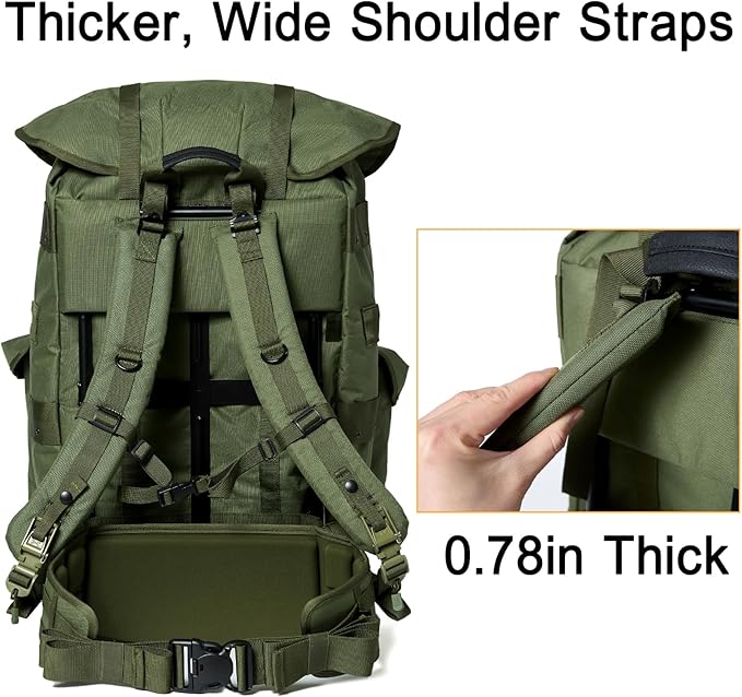 Military ALICE Pack Large Size with 2pcs Support Shelf – Tactical Rucksack with Expandable Straps, Aluminum Quick-Release Buckles, and Enhanced Waist Support – US Logo, Army Green