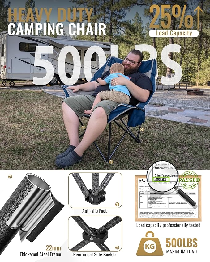 KingCamp Oversized XL Camping Chair, Heavy Duty 500lbs Folding Couch for Adults, Padded Large Comfortable Sofa Seat with Cooler Bag Cup Holder for Outdoor Sports Fishing Patio Lawn