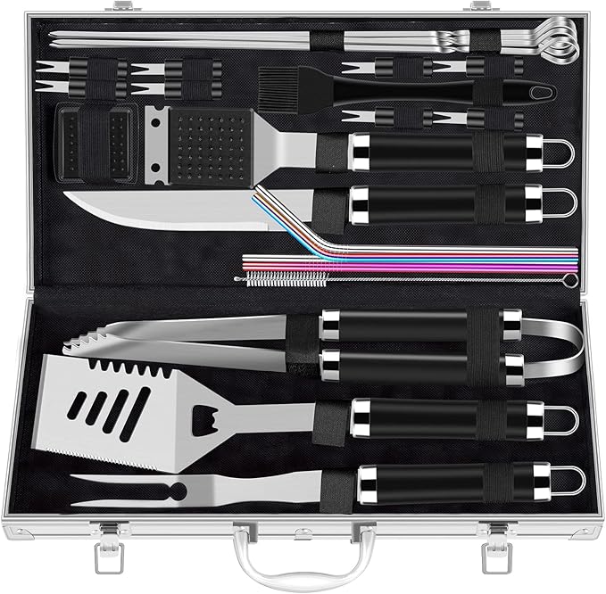 ROMANTICIST 25pcs Extra Thick BBQ Grill Accessories, Father's Day Grilling Gifts Set for Men Dad, Heavy Duty Grill Tools Utensils Kit with Spatula, Tongs in Aluminum Case for Birthday Black