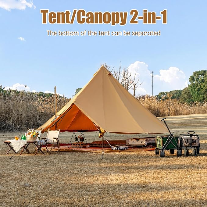 Cotton Canvas Bell Tent with Stove Jack, Roomy Yurt for Family Glamping Camping, 4 Season Tent with Zipped Removable Floor