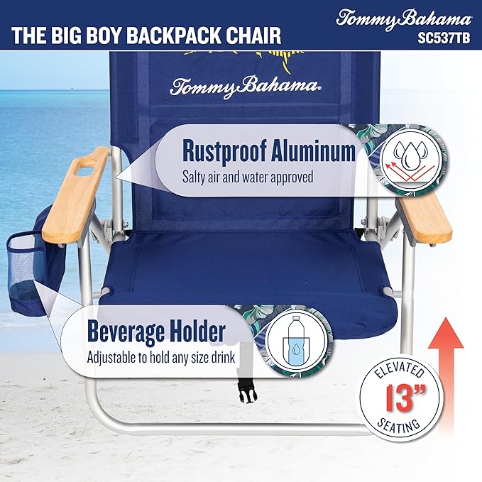 Tommy Bahama Wide Seat Big Boy 4-Position Folding 13" High Seat Backpack Beach or Camping Chair, Navy
