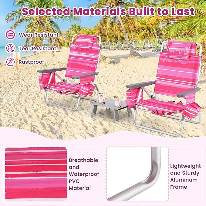 Goplus Beach Chair, Folding Backpack Beach Chairs for Adults with 5 Positions, Head Pillow, Cooler Bag, Towel Bar, Cup Holders, Sunbath Sling Tanning Lounge, Foldable Layout Camping Chairs