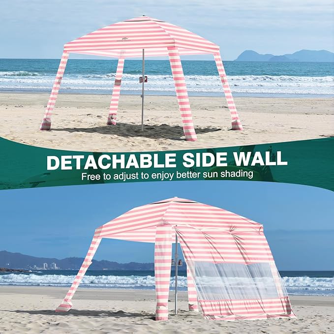 Rhino Valley Beach Cabana, 8 * 8FT Beach Tent UPF50+ Protection, Easy Setup Beach Canopy Wind Resistant with Cup Holder, Compact Beach Shade Foldable Beach Tent Sun Shelter, Pink & White Stripes