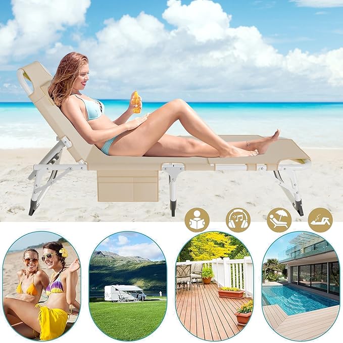 ABORON Patio Lounge Chair, Folding Guest Bed Cot for Adults, 500LB Heavy-Duty Capacity, Portable Extra Bed with Comfort Mat, Quick Fold Design for Indoor Guest Stays & Temporary Use