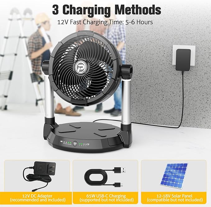 40000mAh Battery Fan with 65H Runtime, 12" High-Velocity 4-Speed Floor Fan, 18-34.6" Dual Stand Height Adjustable & 180°Tilt, Dual Outputs, Cordless for Indoor, Outdoor Camping, Travel, Power Outage
