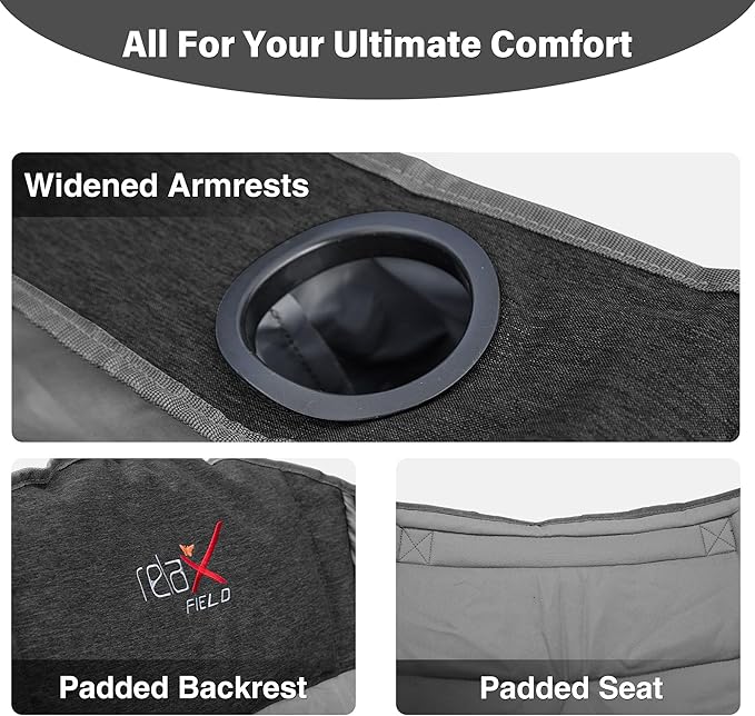 Oversized Camping Chair, Portable Folding Padded Camp Chairs with Side Pocket, Cup Holder, Heavy Duty Support 500LBS Outdoor Lounge Chair for Adults, Fishing, Sports, Trip, Black