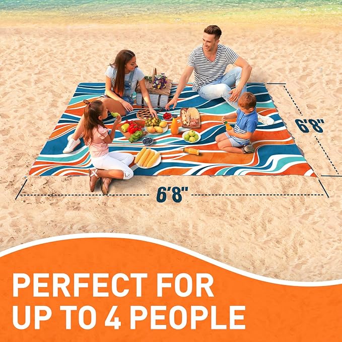 Everlasting Comfort Large Beach Blanket Waterproof & Sandproof - 80" x 80"/ 6.7ft x 6.7ft - Lightweight Picnic Mat, Camping Necessities for 4 People - Accessories for Outdoor Festivals - Orange