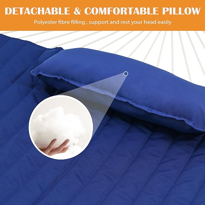 Lazy Daze Hammocks 2 Person Hammock Pad and Pillow Set, Double Polyester Quilted 78" x55" Replacement Pad for Rope Hammock, Blue