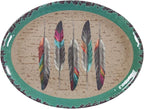 Paseo Road Tossed Feather 14 Piece Melamine Plastic Western Dinnerware Set, Orange Tan Brown Teal Aztec Tribal Print, Southwestern Rustic Dish Set with Plates, Bowls, Serving Dish
