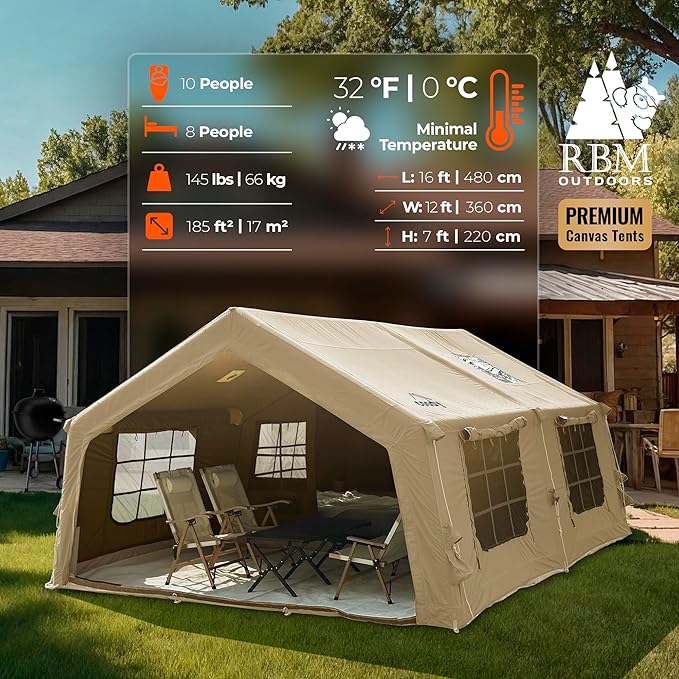 Coody Inflatable Canvas Camping Tents with Stove Jack – Premium Air Beam Family Glamping Tent, Breathable Cotton Canvas, Fast Setup Air Tent with Pump